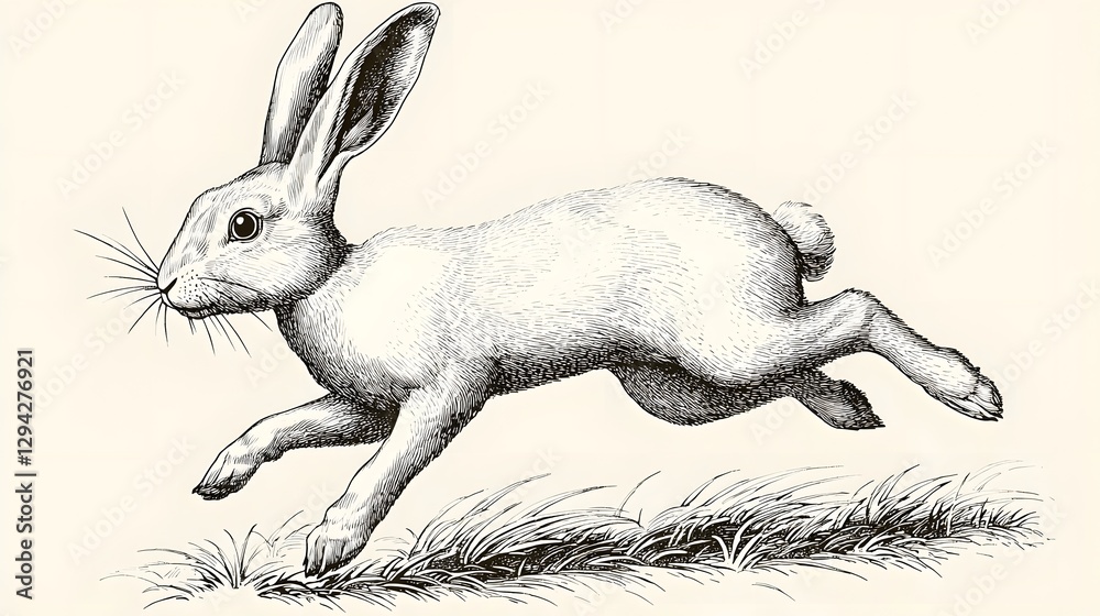 Obraz premium A hare sprinting swiftly across a grassy field depicted in a finely detailed ink drawing that showcases the animal s impressive speed and agility through the use of dynamic lines cross hatching