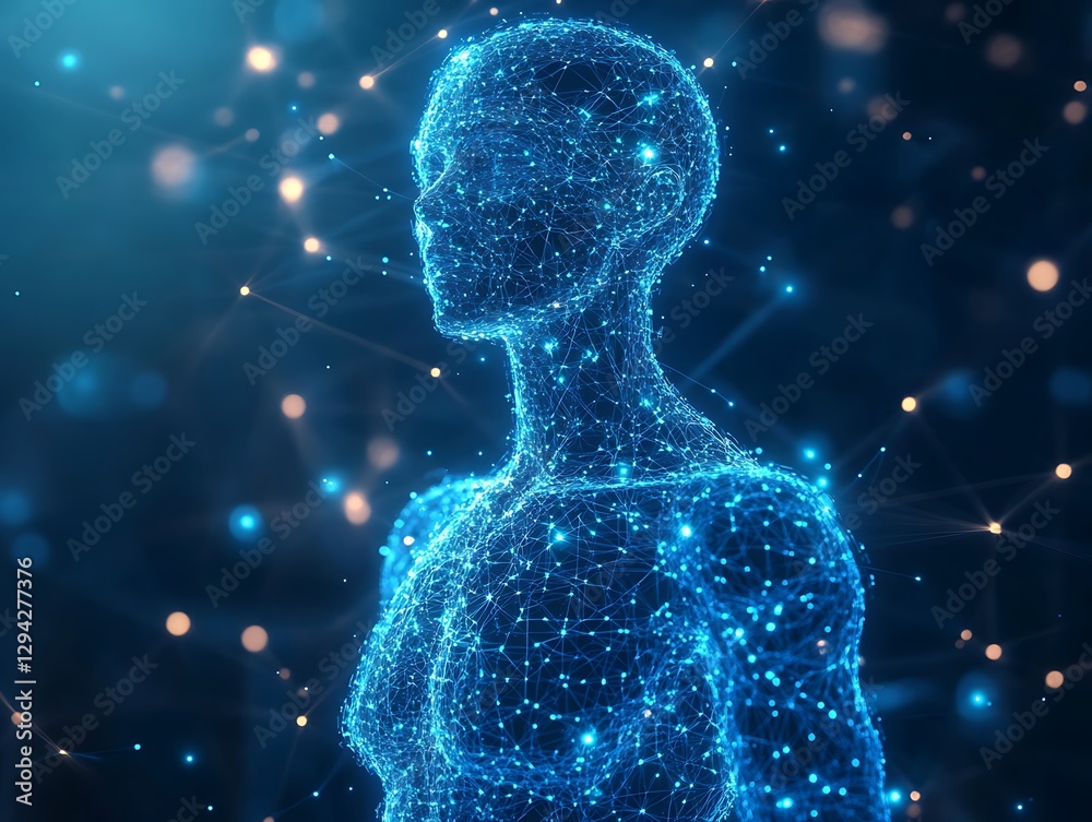 Human Form Rendered in Blue Futuristic Network Setting Human Form Rendered in Blue Futuristic Network Setting