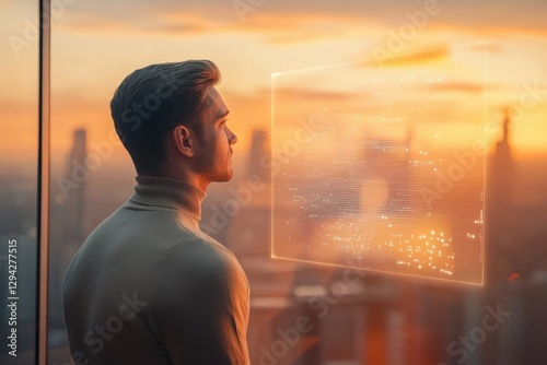 A pensive man gazes at a futuristic digital display against a stunning sunset cityscape. Free Download A pensive man gazes at a futuristic digital display against a stunning sunset cityscape. - GFXLoad
