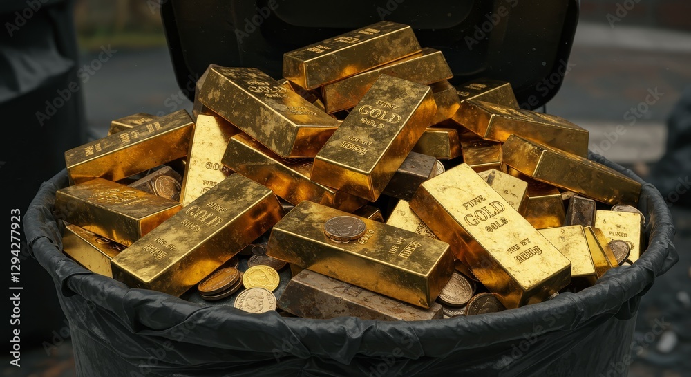 Gold Bars in Trash Can - A black trash can overflowing with gold bars and coins. Represents lost wealth or unexpected fortune Gold Bars in Trash Can - A black trash can overflowing with gold bars and coins. Represents lost wealth or unexpected fortune