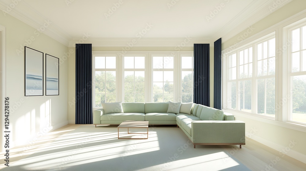 Fototapeta premium Modern Living Room Design with L-Shaped Sofa and Abundant Natural Light