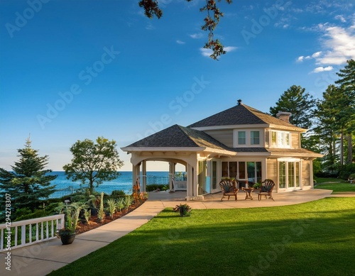 high resolution image of a grand home on lake michigan featuring a serene sunroom and expansive backyard captured in ultra hd