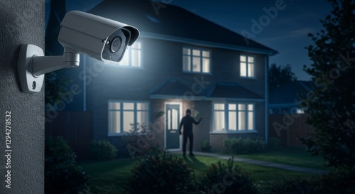 Night Watch Security Camera System - Home security, nighttime surveillance, safety, protection, peace of mind. A security camera captures a potential intruder at night