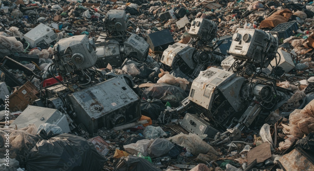 Rusty Robots in a Landfill - Decaying robots amidst piles of trash, symbolizing technological obsolescence, environmental pollution, waste management, artificial intelligence decline Rusty Robots in a Landfill - Decaying robots amidst piles of trash, symbolizing technological obsolescence, environmental pollution, waste management, artificial intelligence decline