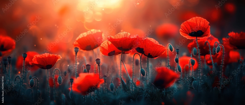 Obraz premium Vivid Poppy Field at Sunset Captivating Red Flowers in a Dreamy Landscape with Warm Light and Soft Focus a Serene and Artistic Nature Scene