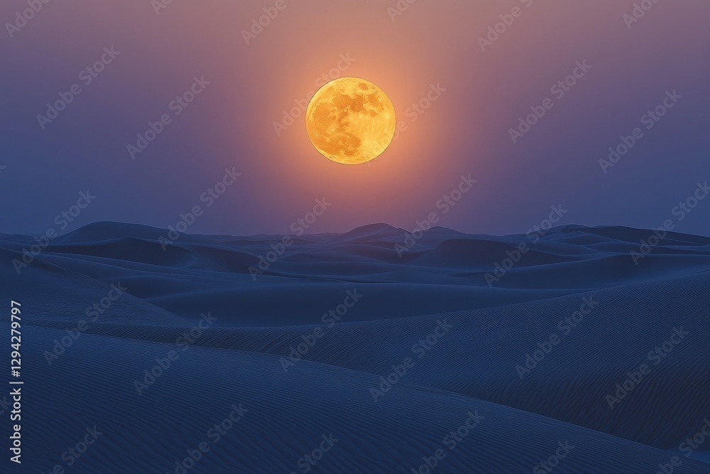 Bright full moon rises over tranquil desert dunes during twilight creating a serene atmosphere Bright full moon rises over tranquil desert dunes during twilight creating a serene atmosphere