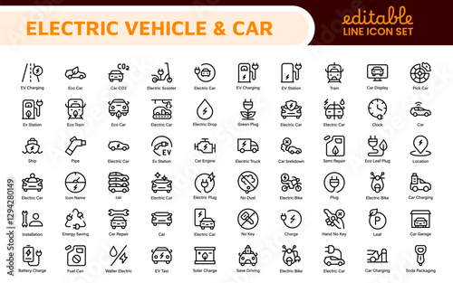 Electric Vehicle and Car Icon Set. A modern collection of icons showcasing electric transportation, perfect for enhancing automotive apps, websites, and sustainability initiatives.