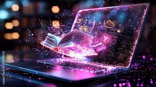 Glowing laptop emitting a burst of radiant energy sparks and lights symbolizing the power of technology innovation and the boundless potential of the digital world to ignite creativity learning