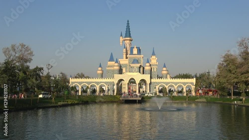 View of the fabulous castle in the amusement park 