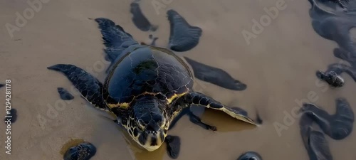 Sea turtles navigating oilspill coastline examining pollution impact on marine life