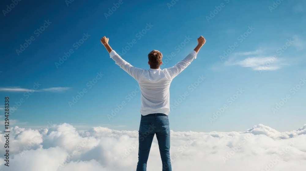 Man Standing on Cloudy Horizon Celebrating Freedom and Accomplishment Against Bright Blue Sky Man Standing on Cloudy Horizon Celebrating Freedom and Accomplishment Against Bright Blue Sky