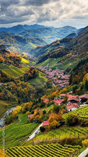Vibrant autumn landscape with vineyards, village, and mountains in the background during a cloudy day