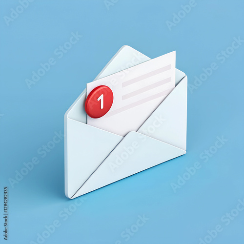 Open envelope with unread notification number one, email, message alert on solid blue background, Minimal 3D icon render.