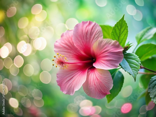 Pink Hibiscus Flower with Bokeh, Isolated on White Background - Stock Photo