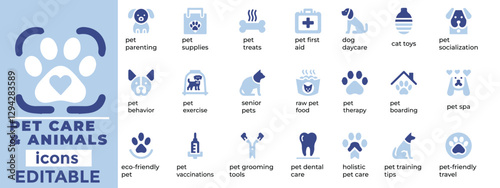 Adorable pet care and animal vector icons for veterinary, grooming, adoption, and pet shop projects. Perfect for web and print