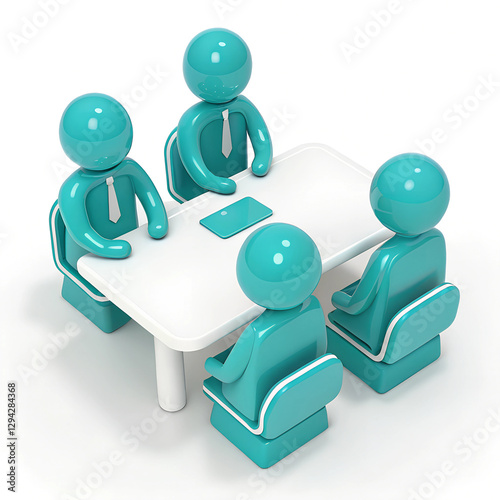 Meeting of Teal Figures: Teamwork and collaboration are essential for success. Team is gathered around table Minimal 3D icon render.