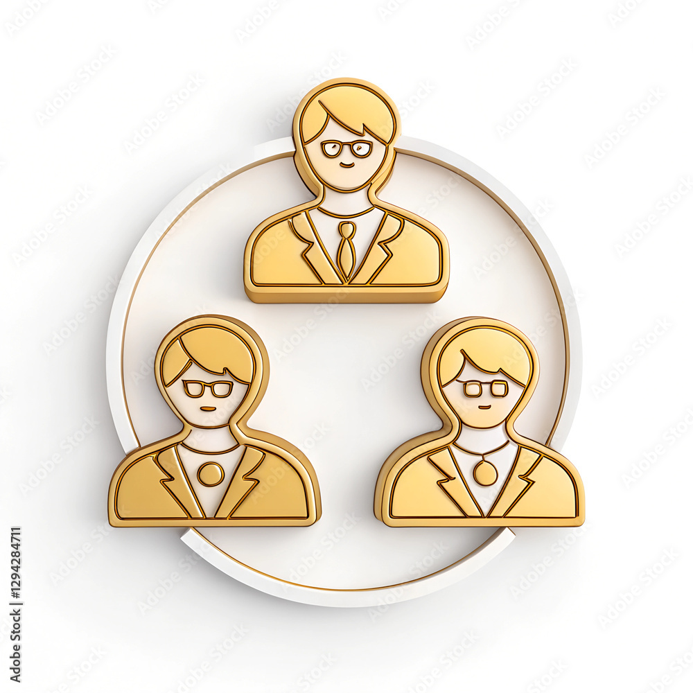 Fototapeta premium A golden team structure, with one leader and two members, signifying teamwork and organized business. Minimal 3D icon render.