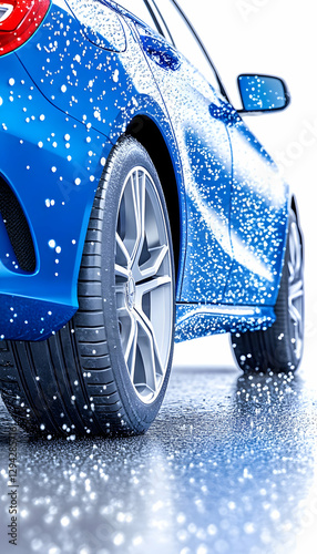 Blue car, water droplets, studio, clean