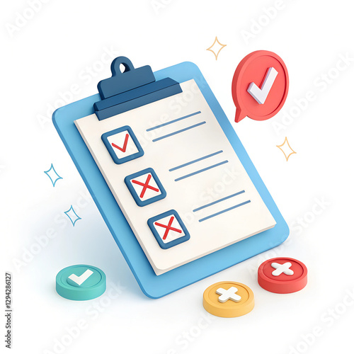 Stylized clipboard with checkmarks and crosses, indicating task completion and non-completion status. Minimal 3D icon render.