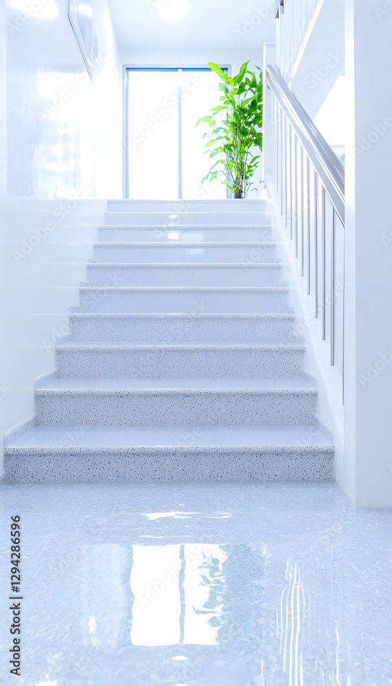 Fototapeta premium Bright hallway stairs, modern interior, white design