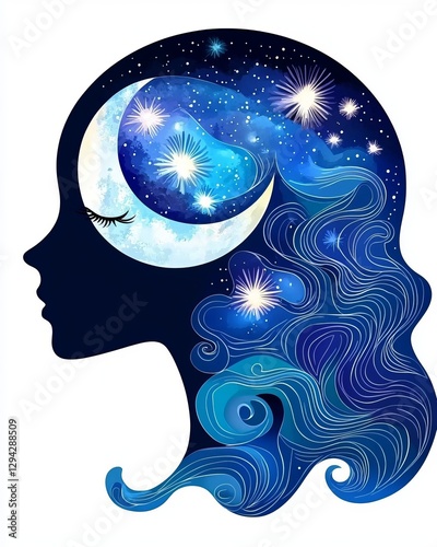 Mystical celestial moon aura. A silhouette of a woman's face with flowing hair, adorned with a crescent moon and starry galaxy, creating a dreamy celestial theme.
