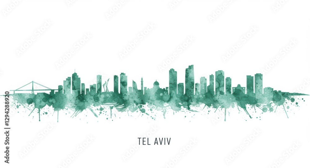 Obraz premium Tel aviv skyline silhouette with artistic green watercolor effect
