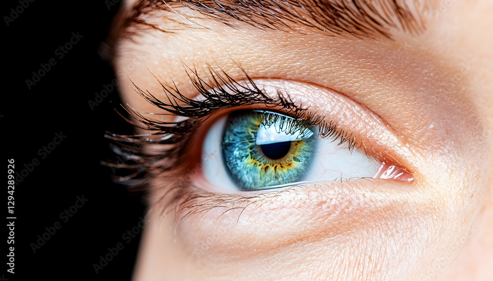 Obraz premium Close-up of a blue eye, gazing left, dark background