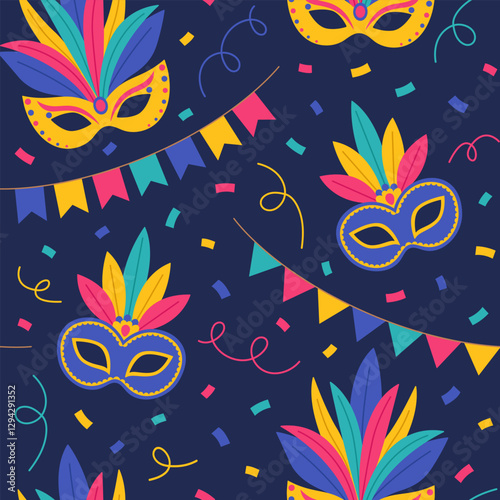 Seamless pattern with carnival masks with feathers, garlands and confetti on blue background. Masquerade accessories and decorations. Vector flat illustration for wallpaper, textile, packaging