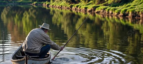 Tranquil morning fishing on a serene river with rippling water reflections