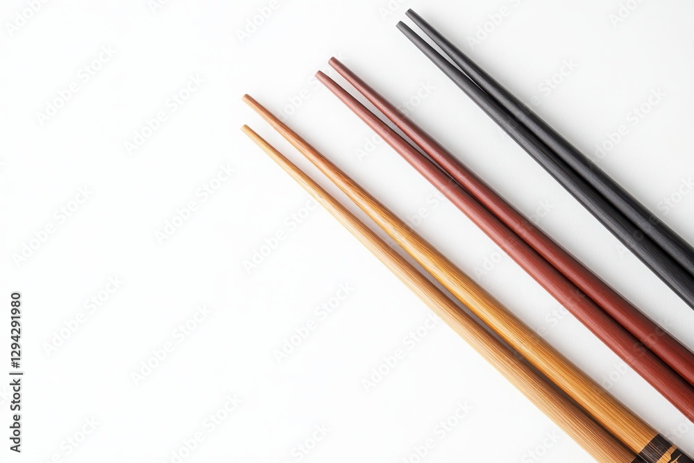 A set of chopsticks isolated on a white background creating a minimalist and visually striking display A set of chopsticks isolated on a white background creating a minimalist and visually striking display