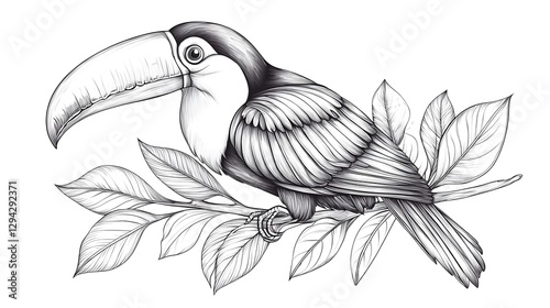Detailed monochrome of a vibrant toucan bird perched on a lush tropical branch created with a stippled ink technique that enhances the textural details of the feathers