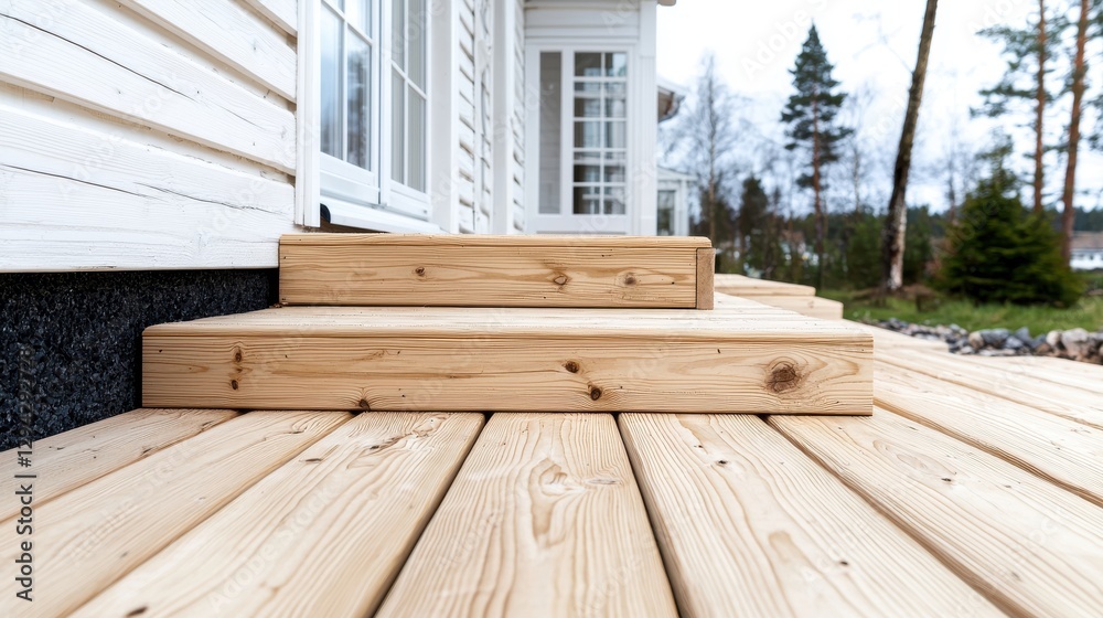 Natural Wood Deck Steps & White House Exterior Natural Wood Deck Steps & White House Exterior