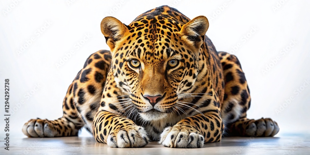 Obraz premium Powerful Leopard Ready to Pounce, Wildcat Attacking, Big Cat Predator, White Background Stock Photo