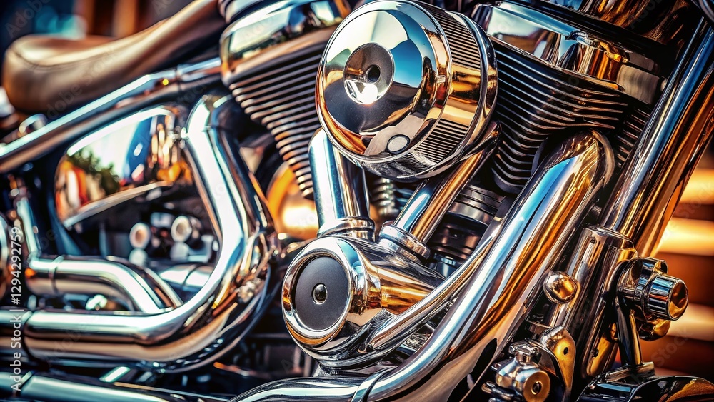 Powerful Motorcycle Engine Close-Up: Chrome Detail & Copy Space Powerful Motorcycle Engine Close-Up: Chrome Detail & Copy Space