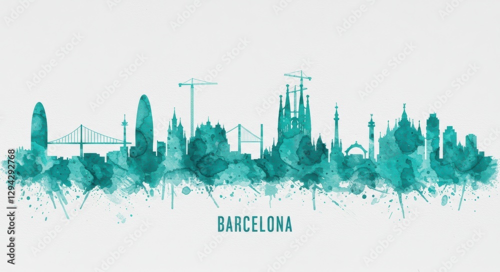 Obraz premium Barcelona skyline watercolor art featuring iconic landmarks and artistic splashes