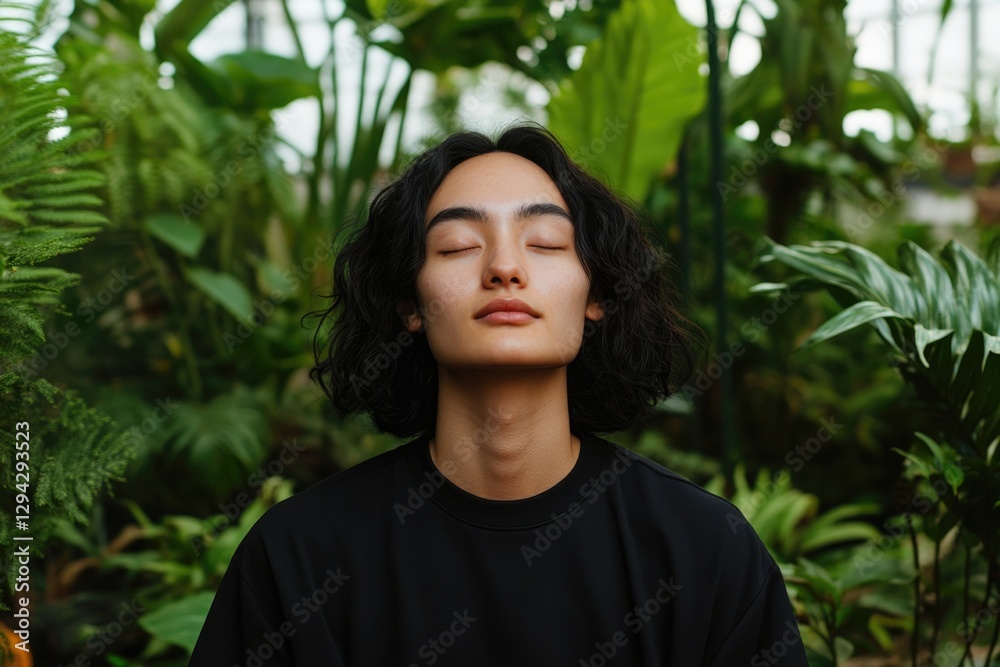 Calm expression amidst lush greenery highlights tranquility and Calm expression amidst lush greenery highlights tranquility and