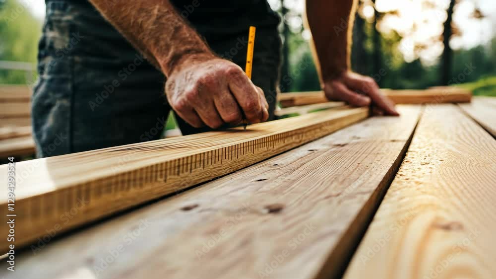 Craftsman marks measurements on wooden boards at a construction site during sunset in a serene outdoor setting Craftsman marks measurements on wooden boards at a construction site during sunset in a serene outdoor setting