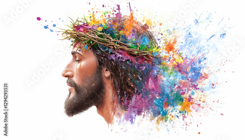 Colorful Jesus portrait, crown of thorns, abstract background
