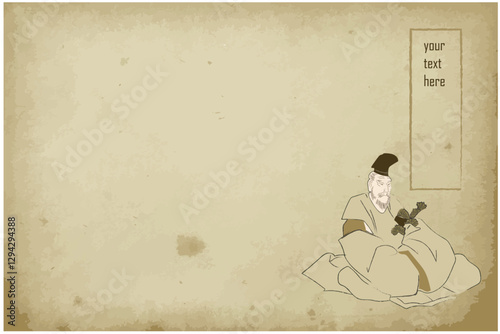 Old paper banner with ukiyo-e old man vector illustration. Banner, poster or booklet template in old japanese or chinese style.
