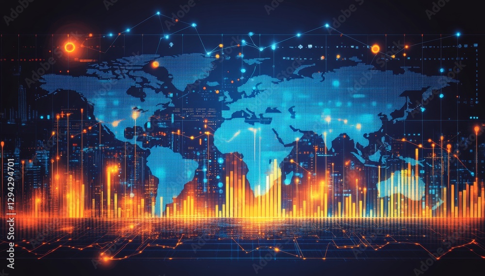 Fototapeta premium Global Finance Network Abstract World Map with Glowing Lines and Financial Data Visualizations