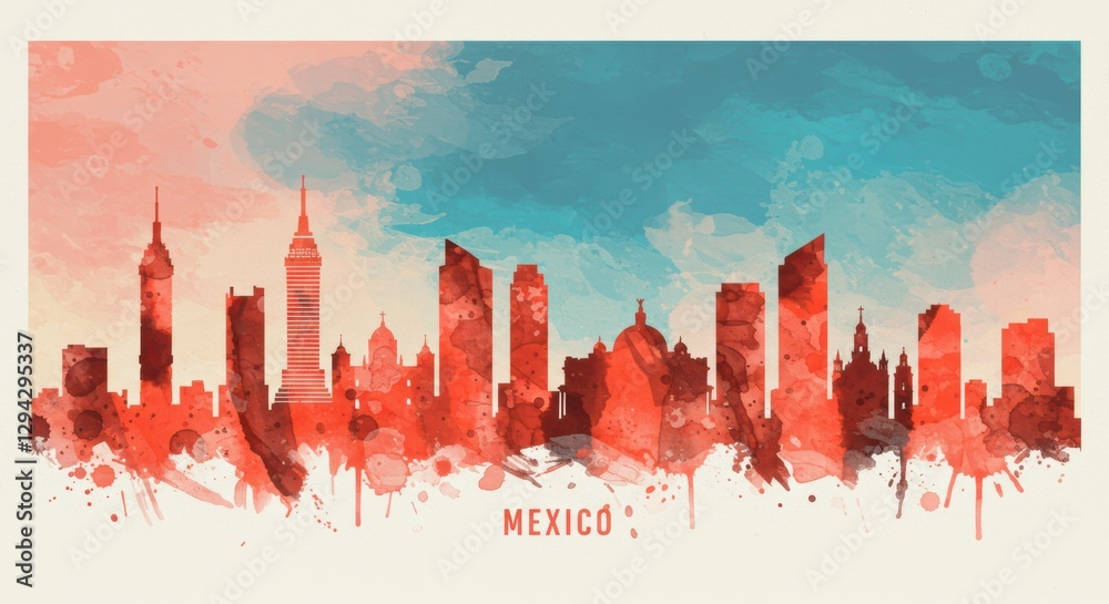 Fototapeta premium Colorful artistic skyline of mexico city with watercolor texture