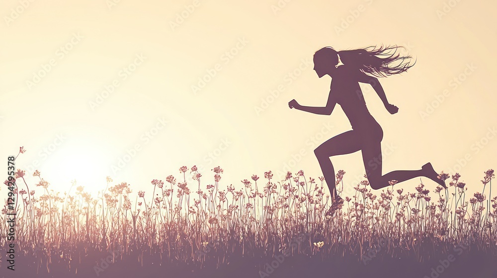 Silhouette woman running in field at sunset.  Possible use fitness motivation