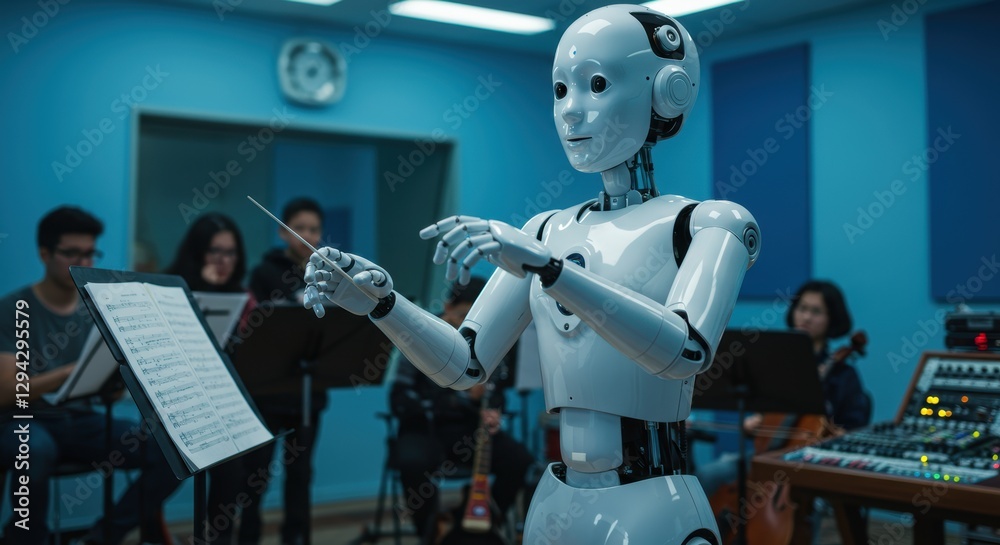 Naklejka premium Robot conductor leading orchestra in futuristic music studio setting