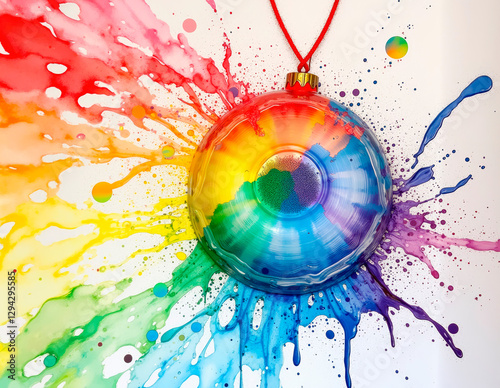 Melted crayon ornament featuring a rainbow drip texture, evoking the whimsical charm of a kindergarten art class with vibrant colors and playful design. photo