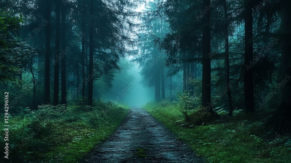Fototapeta premium Misty forest path disappearing into fog.