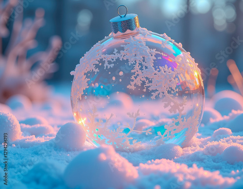 Frozen soap bubble ornament with an iridescent surface tension, showcasing stunning macro frost crystal details in a delicate winter display. photo