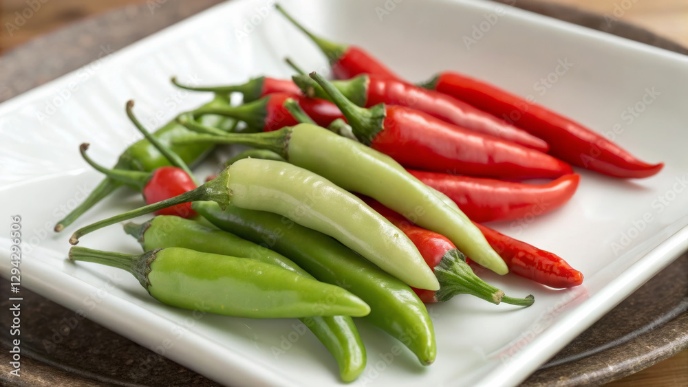 Fresh serrano peppers in vibrant colors, including green and red, arranged on white plate, showcasing their natural beauty and culinary potential Fresh serrano peppers in vibrant colors, including green and red, arranged on white plate, showcasing their natural beauty and culinary potential