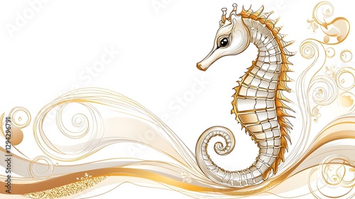 Enchanting and Ethereal Botanical Depicting a Gracefully Floating Seahorse Surrounded by Flowing Ink Lines and Organic Floral Elements in an Underwater Scene