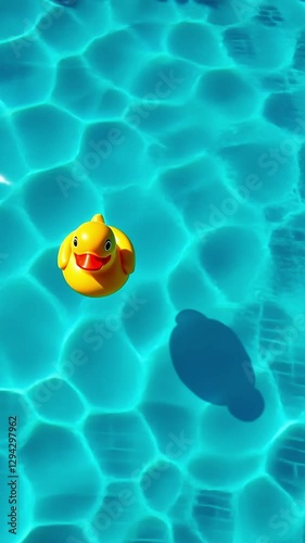 Vertical video looking down onto a beautiful swimming pool surface with small ripples on a bright sunny day with a vibrant yellow rubber duck floating