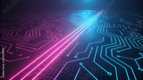Minimalist digital circuit with neon pink and blue grid lines, smooth depth of field, and abstract tech flow. AI-inspired data transmission concept in high-resolution